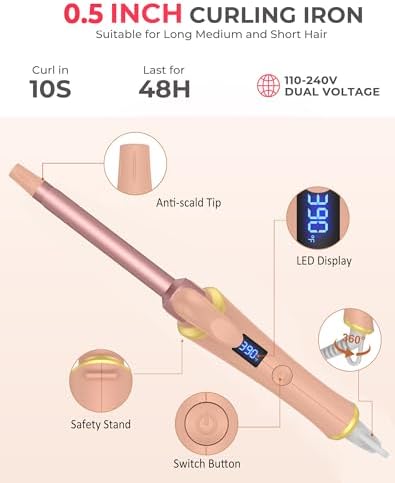 Mini Curling Iron Wand for Short Hair, Ukliss Travel Friendly Dual Voltage Mini Hair Curler, Ceramic Curling Wand for Versatile Styling, Portable and 60 Mins Auto-Off, 5 Heat Settings, Pink 1/2 inch - Image 6