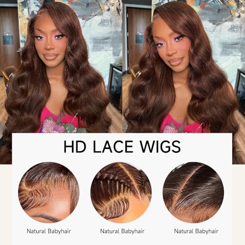 24 Inch Chocolate Brown Lace Front Wig 13x4 Body Wave Lace Front Wigs Human Hair Pre Plucked with Baby Hair Brown Wig Human Hair 200 Density HD Lace Frontal Wigs Human Hair - Image 2