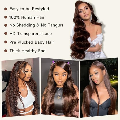 24 Inch Chocolate Brown Lace Front Wig 13x4 Body Wave Lace Front Wigs Human Hair Pre Plucked with Baby Hair Brown Wig Human Hair 200 Density HD Lace Frontal Wigs Human Hair - Image 3