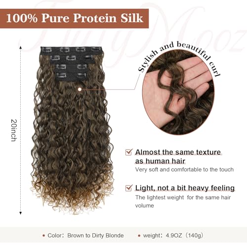 Flufymooz Clip in Hair Extensions, 4PC 100％ Pure Protein Silk Hair Extensions Long Soft Natural Hairpiece 20 Inch Curly Hair Extension for Women (Brown to Dirty Blonde) - Image 2