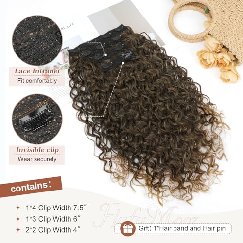 Flufymooz Clip in Hair Extensions, 4PC 100％ Pure Protein Silk Hair Extensions Long Soft Natural Hairpiece 20 Inch Curly Hair Extension for Women (Brown to Dirty Blonde) - Image 4