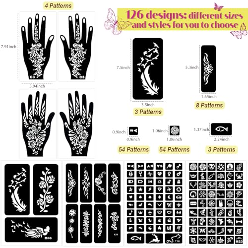 126 PCS Temporary Tattoos Stencils Kit,Henna Tattoos Kit - 6 Pcs 2 Color(Brown Black) Ink with Gloves,DIY Body Art Painting for Women Men Adults Kids - Image 7