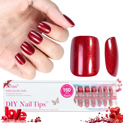 Press on Nails Short, Jofay Fashion 160Pcs Red Glitter Press On Nails Round, Bright Red Acrylic Fake Nails, Reusable Glue on Nails Stick on Nails for Women, Salon Quality, Valentines Nails, Ruby Red