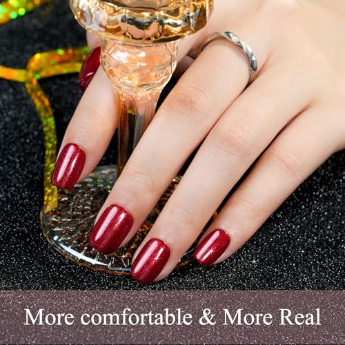 Press on Nails Short, Jofay Fashion 160Pcs Red Glitter Press On Nails Round, Bright Red Acrylic Fake Nails, Reusable Glue on Nails Stick on Nails for Women, Salon Quality, Valentines Nails, Ruby Red - Image 2