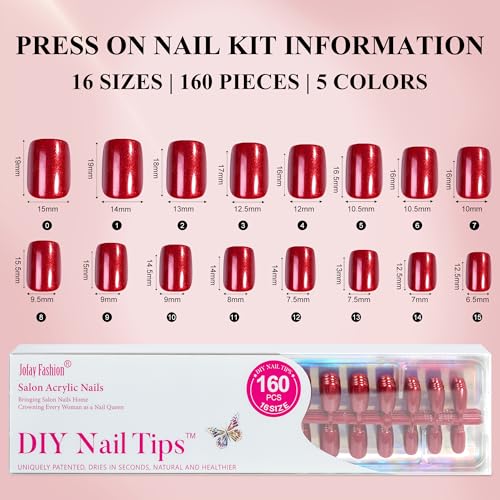 Press on Nails Short, Jofay Fashion 160Pcs Red Glitter Press On Nails Round, Bright Red Acrylic Fake Nails, Reusable Glue on Nails Stick on Nails for Women, Salon Quality, Valentines Nails, Ruby Red - Image 6