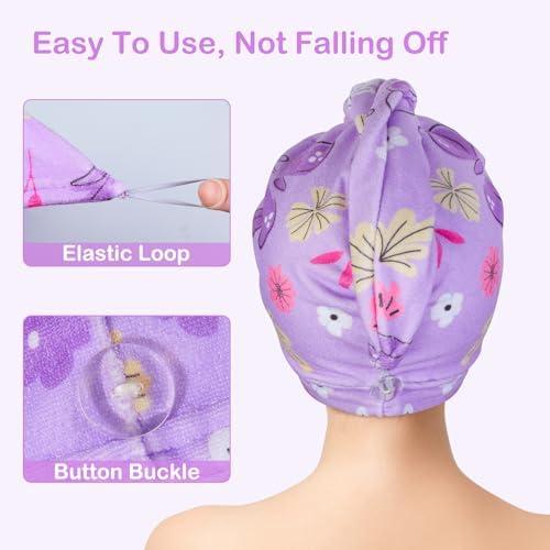 FIOBEE Microfiber Hair Towel Wrap for Kid Rapid Drying Towel Absorbent Hair Turbans for Wet Hair with Button Women Girls Long Curly Hair Pack of 2, Pink/Purple Butterfly - Image 5