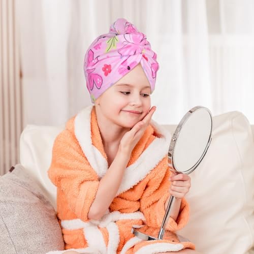 FIOBEE Microfiber Hair Towel Wrap for Kid Rapid Drying Towel Absorbent Hair Turbans for Wet Hair with Button Women Girls Long Curly Hair Pack of 2, Pink/Purple Butterfly - Image 6