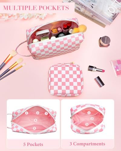 2Pcs Makeup Bag for Women, Large Checkered Cosmetic Bags with Small Makeup Brushes Bag Set, Cute Leather Make Up Orgnizer with Zipper, Travel Skincare Toiletry Storage Bag for Teens Girls Gifts(Brown) - Image 2