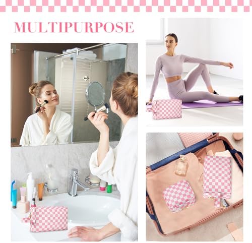 2Pcs Makeup Bag for Women, Large Checkered Cosmetic Bags with Small Makeup Brushes Bag Set, Cute Leather Make Up Orgnizer with Zipper, Travel Skincare Toiletry Storage Bag for Teens Girls Gifts(Brown) - Image 4