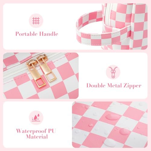 2Pcs Makeup Bag for Women, Large Checkered Cosmetic Bags with Small Makeup Brushes Bag Set, Cute Leather Make Up Orgnizer with Zipper, Travel Skincare Toiletry Storage Bag for Teens Girls Gifts(Brown) - Image 6
