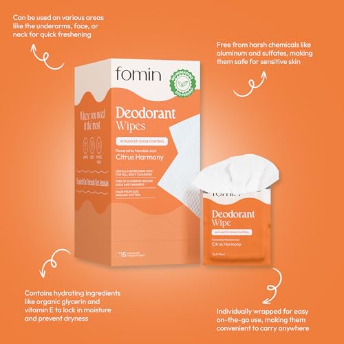FOMIN Acidified Travel Deodorant Wipes For Women & Men - 15 Count - Citrus Harmony - pH Balanced, Mini Deodorant Travel Size Wipes - Plastic-Free, Individually Wrapped Underarm Body Wipes - Image 3