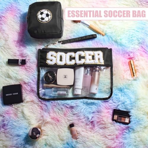 2 Pcs Soccer Gifts Makeup Bag with Chenille Letter Patch, Clear Cosmetic Pouch PVC Organizer Purse, Waterproof Travel Bag, Portable Toiletry Storage Bag for Her Girls Friends Women - Image 5