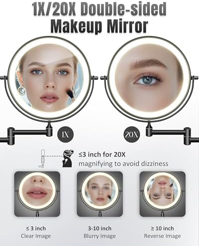 Wall Mounted Makeup Mirror with Light, 20X/1X 8'' Double Sided LED Magnifying Bathroom Lighted Vanity Mirror with Magnification, 3 Color Light up Touch Dimmable Extended Arm 360 Rotation - Image 2