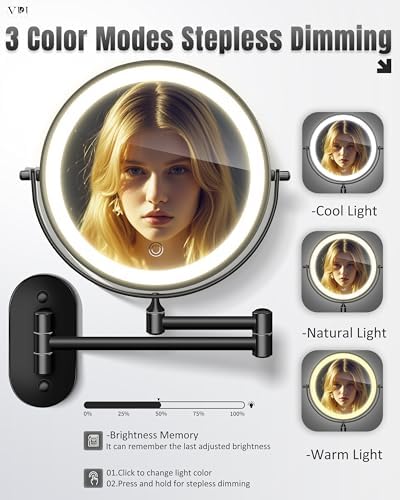 Wall Mounted Makeup Mirror with Light, 20X/1X 8'' Double Sided LED Magnifying Bathroom Lighted Vanity Mirror with Magnification, 3 Color Light up Touch Dimmable Extended Arm 360 Rotation - Image 3