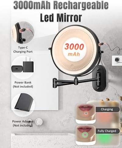 Wall Mounted Makeup Mirror with Light, 20X/1X 8'' Double Sided LED Magnifying Bathroom Lighted Vanity Mirror with Magnification, 3 Color Light up Touch Dimmable Extended Arm 360 Rotation - Image 5