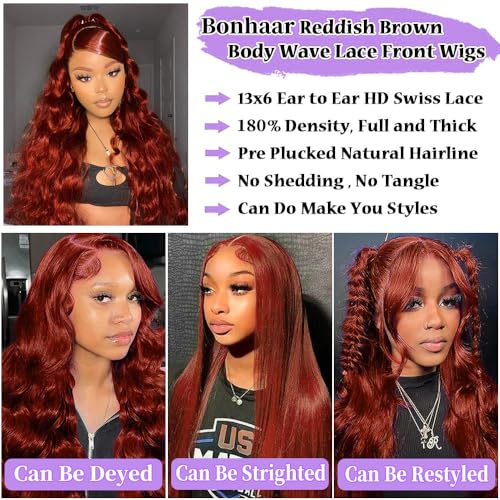 30 Inch Reddish Brown Lace Front Wigs Human Hair 13x6 Body Wave Lace Front Wig 180% Density 33# Lace Frontal Wigs Human Hair Pre Plucked with Baby Hair for Women Auburn Brown Human Hair - Image 5