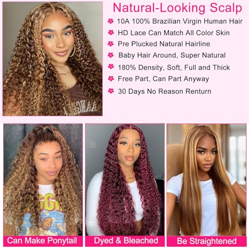 5x5 HD Lace Closure Wigs Human Hair Highlight Ombre 5x5 Deep Wave Closure Wig 180% Density P4/27 Wet And Wavy Lace Front Wigs for Black Women Glueless Honey Blonde Deep Curly Wig Human Hair 22 Inch - Image 4