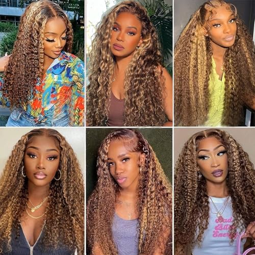 5x5 HD Lace Closure Wigs Human Hair Highlight Ombre 5x5 Deep Wave Closure Wig 180% Density P4/27 Wet And Wavy Lace Front Wigs for Black Women Glueless Honey Blonde Deep Curly Wig Human Hair 22 Inch - Image 6