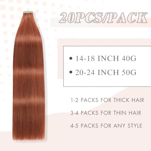 Tape in Hair Extensions Human Hair 20pcs Remy Hair Extensions 18 Inch Auburn Brown Straight Invisible Human Hair Tape in Extensions Skin Weft Tape Extensions Human Hair (#A33,18 Inch) - Image 2