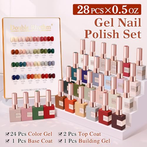 Double Rhythm 28Pcs 0.5Oz Gel Nail Polish Set Same Color Same Bottle Soak Off Gel Polish Kit Nail Art Manicure Salon DIY at Home for Women (Burgundy Green Collection-T24-1) - Image 2
