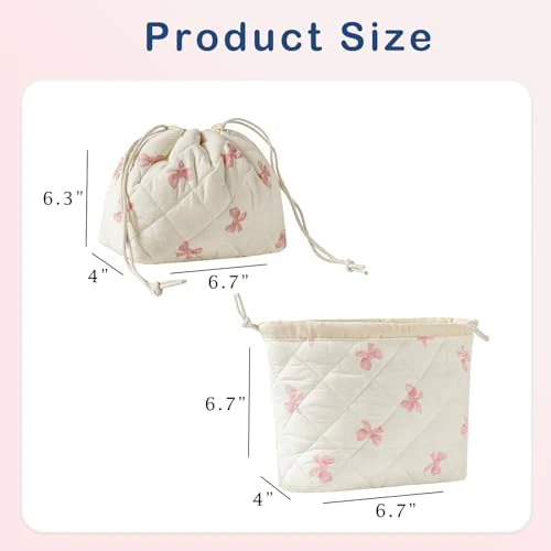 Cotton Quilted Drawstring Makeup Bag with Canvas Lining,Coquette Aesthetic Cute Travel Toiletry Bag,Drawstring Gift Bag for Women and Girls(09Little Pink Bow) - Image 2