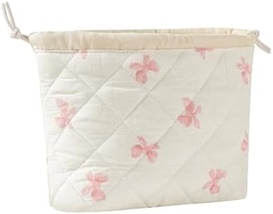 Cotton Quilted Drawstring Makeup Bag with Canvas Lining,Coquette Aesthetic Cute Travel Toiletry Bag,Drawstring Gift Bag for Women and Girls(09Little Pink Bow) - Image 3
