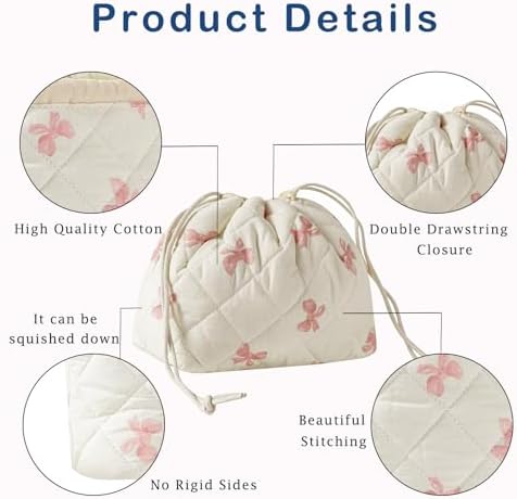 Cotton Quilted Drawstring Makeup Bag with Canvas Lining,Coquette Aesthetic Cute Travel Toiletry Bag,Drawstring Gift Bag for Women and Girls(09Little Pink Bow) - Image 4