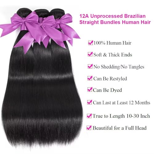 2x6 HD Lace Closure with Bundles 10 12 14+10 Inch Straight Bundles with Closure Human Hair 100% Unprocessed Brazilian Virgin Weave Bundles Human Hair 3 Bundles Deals with Closure - Image 2