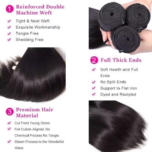 2x6 HD Lace Closure with Bundles 10 12 14+10 Inch Straight Bundles with Closure Human Hair 100% Unprocessed Brazilian Virgin Weave Bundles Human Hair 3 Bundles Deals with Closure - Image 3