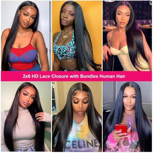 2x6 HD Lace Closure with Bundles 10 12 14+10 Inch Straight Bundles with Closure Human Hair 100% Unprocessed Brazilian Virgin Weave Bundles Human Hair 3 Bundles Deals with Closure - Image 7