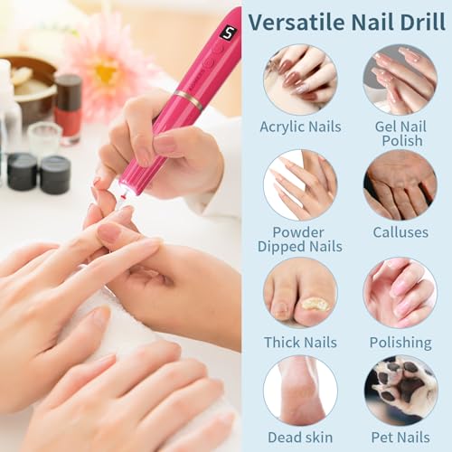 Cordless Electric Nail Drill with 360° Ring Light, Portable Nail File Kit for Acrylic, Gel Nails, Portable Home Manicure Kit for Manicure and Pedicure (Rose Red) - Image 4