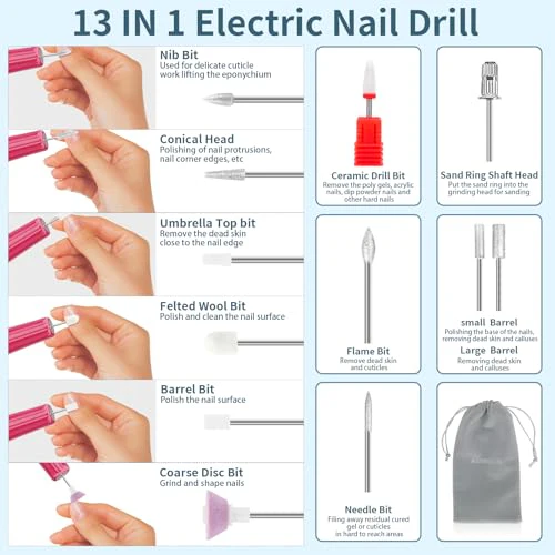 Cordless Electric Nail Drill with 360° Ring Light, Portable Nail File Kit for Acrylic, Gel Nails, Portable Home Manicure Kit for Manicure and Pedicure (Rose Red) - Image 5