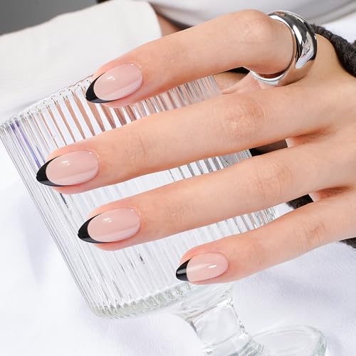 Canvalite French Tip Press On Nails, 30Pcs Short Almond Press on Nails Reusable Acrylic Fake Nails with Glue & Glue Remover Easy to Use Manicure Kit for Women, Black - Image 2