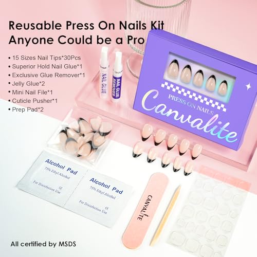 Canvalite French Tip Press On Nails, 30Pcs Short Almond Press on Nails Reusable Acrylic Fake Nails with Glue & Glue Remover Easy to Use Manicure Kit for Women, Black - Image 4