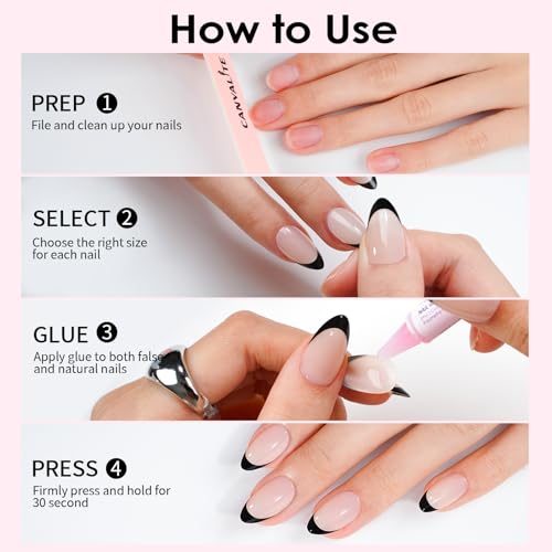 Canvalite French Tip Press On Nails, 30Pcs Short Almond Press on Nails Reusable Acrylic Fake Nails with Glue & Glue Remover Easy to Use Manicure Kit for Women, Black - Image 6
