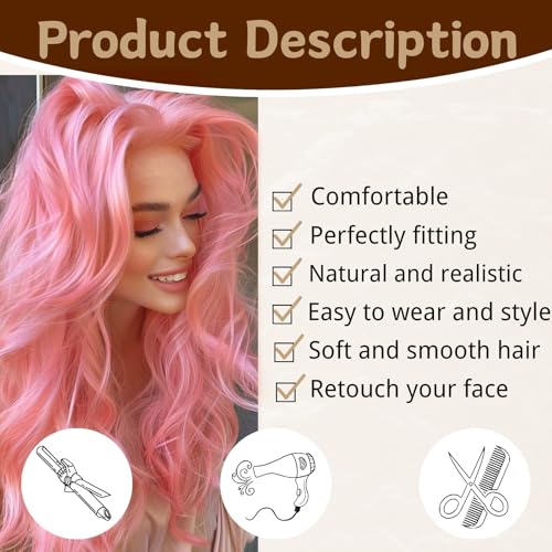 Long Pink Wig for Women 26 Inch Middle Part Wavy Women Charming Hair Realistic Natural Looking Synthetic Heat Resistant Fiber Wig for Daily Party Use - Image 2