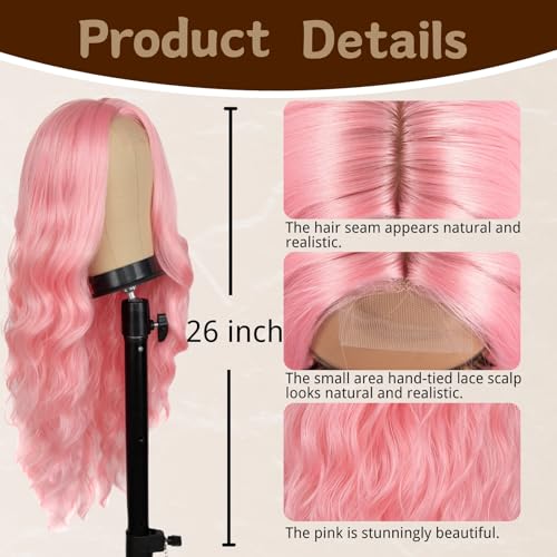 Long Pink Wig for Women 26 Inch Middle Part Wavy Women Charming Hair Realistic Natural Looking Synthetic Heat Resistant Fiber Wig for Daily Party Use - Image 3
