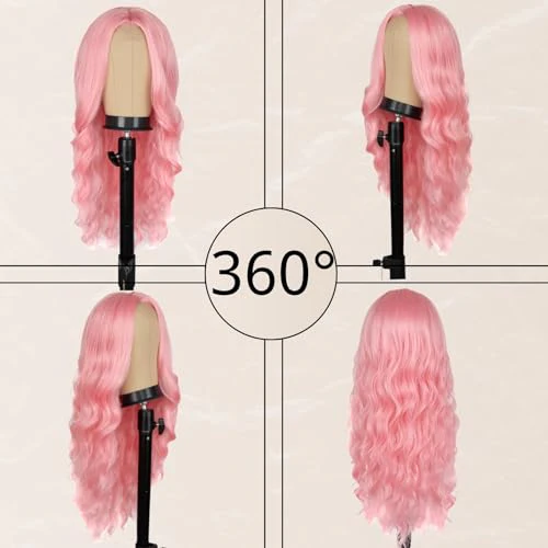 Long Pink Wig for Women 26 Inch Middle Part Wavy Women Charming Hair Realistic Natural Looking Synthetic Heat Resistant Fiber Wig for Daily Party Use - Image 4