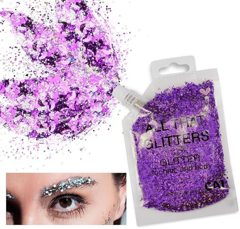 Body Glitter Gel- Face, Body & Hair (2 PK Silver/Violet) Chunky Iridescent Holograph Stars & Moon, 6 oz | Cosmetic-Grade Makeup, Apply Without Glue, Easy to Take Off & Keep Skin Clean - for Raves - Image 2
