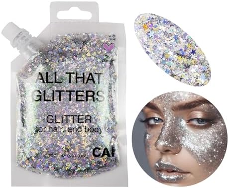 Body Glitter Gel- Face, Body & Hair (2 PK Silver/Violet) Chunky Iridescent Holograph Stars & Moon, 6 oz | Cosmetic-Grade Makeup, Apply Without Glue, Easy to Take Off & Keep Skin Clean - for Raves - Image 3