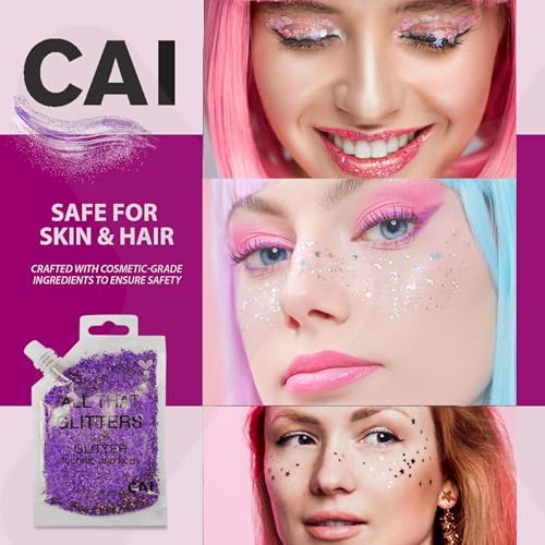 Body Glitter Gel- Face, Body & Hair (2 PK Silver/Violet) Chunky Iridescent Holograph Stars & Moon, 6 oz | Cosmetic-Grade Makeup, Apply Without Glue, Easy to Take Off & Keep Skin Clean - for Raves - Image 6