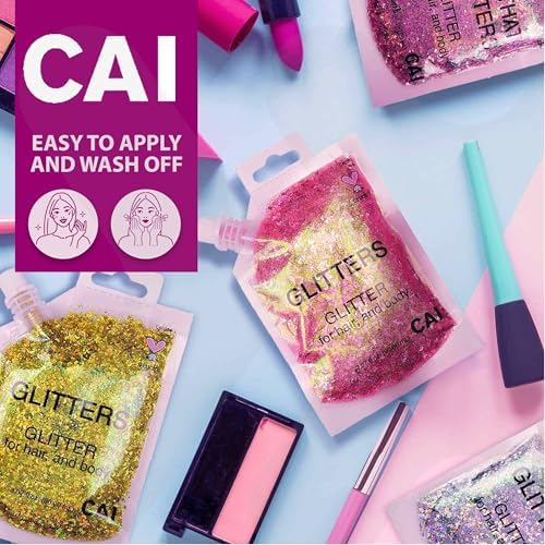 Body Glitter Gel- Face, Body & Hair (2 PK Silver/Violet) Chunky Iridescent Holograph Stars & Moon, 6 oz | Cosmetic-Grade Makeup, Apply Without Glue, Easy to Take Off & Keep Skin Clean - for Raves - Image 7