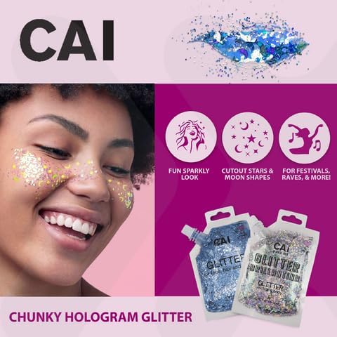 Body Glitter Gel- Face, Body & Hair (2 PK Silver/Violet) Chunky Iridescent Holograph Stars & Moon, 6 oz | Cosmetic-Grade Makeup, Apply Without Glue, Easy to Take Off & Keep Skin Clean - for Raves - Image 8