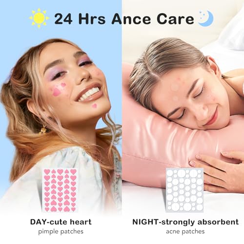 Pimple Patches for Face 7 Sizes Day and Night Acne Patches Heart Zit Patches Cute Spot Stickers with Tea Tree & Centella Oil, Strong Adhesion Zit Covers (412 Count) - Image 2