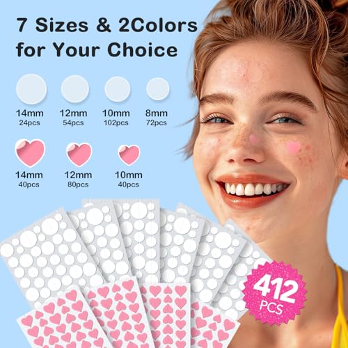 Pimple Patches for Face 7 Sizes Day and Night Acne Patches Heart Zit Patches Cute Spot Stickers with Tea Tree & Centella Oil, Strong Adhesion Zit Covers (412 Count) - Image 3