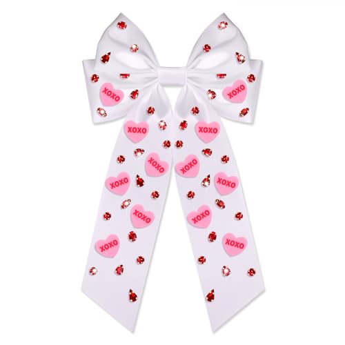 Boderier Valentines Day Hair Bows for Women Girls Conversation Candy Heart Hair Bow Clips Jeweled XOXO Hair Bows Valentines Day Gifts for Her White XOXO Heart