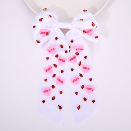 Boderier Valentines Day Hair Bows for Women Girls Conversation Candy Heart Hair Bow Clips Jeweled XOXO Hair Bows Valentines Day Gifts for Her White XOXO Heart - Image 2