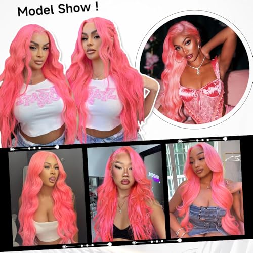 26 Inch Pink Lace Front Wig Human Hair Pre Plucked 13x4 Body Wave Pink Wig Human Hair 200% Density Colored Wigs Human Hair Long Pink Wig with Baby Hair HD Lace Front Wigs Human Hair for Women - Image 2