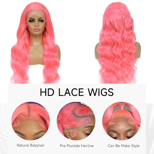 26 Inch Pink Lace Front Wig Human Hair Pre Plucked 13x4 Body Wave Pink Wig Human Hair 200% Density Colored Wigs Human Hair Long Pink Wig with Baby Hair HD Lace Front Wigs Human Hair for Women - Image 3