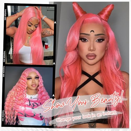 26 Inch Pink Lace Front Wig Human Hair Pre Plucked 13x4 Body Wave Pink Wig Human Hair 200% Density Colored Wigs Human Hair Long Pink Wig with Baby Hair HD Lace Front Wigs Human Hair for Women - Image 4